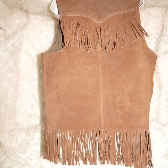 Men's Brown Leather VEST W/Fringe SIZE L By Western Outdoor Wear BARELY USED - Picture 2 of 6